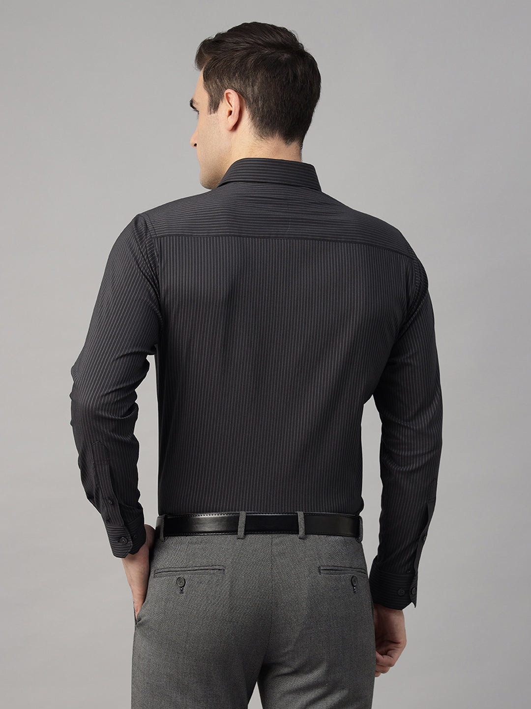 Men Black Striped Pure Cotton Slim Fit Formal Shirt