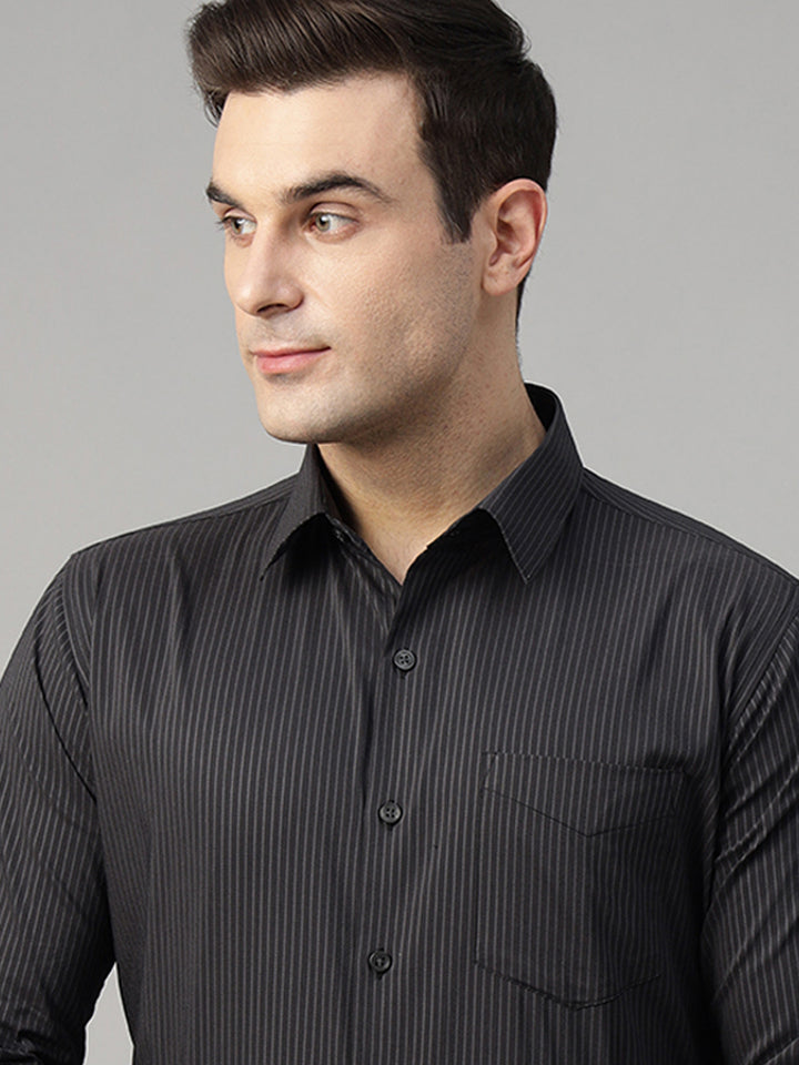 Men Black Striped Pure Cotton Slim Fit Formal Shirt