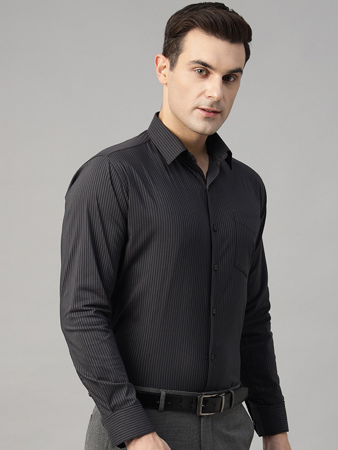 Men Black Striped Pure Cotton Slim Fit Formal Shirt
