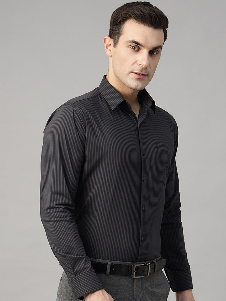Men Black Striped Pure Cotton Slim Fit Formal Shirt