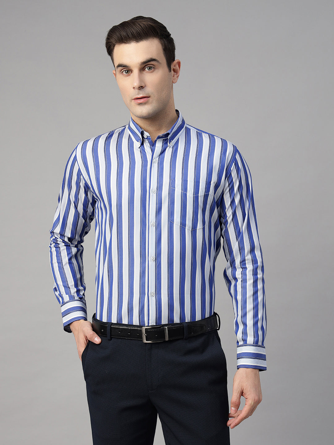Hancock Men Blue & White Striped Pure Cotton Slim Fit Formal Shirt