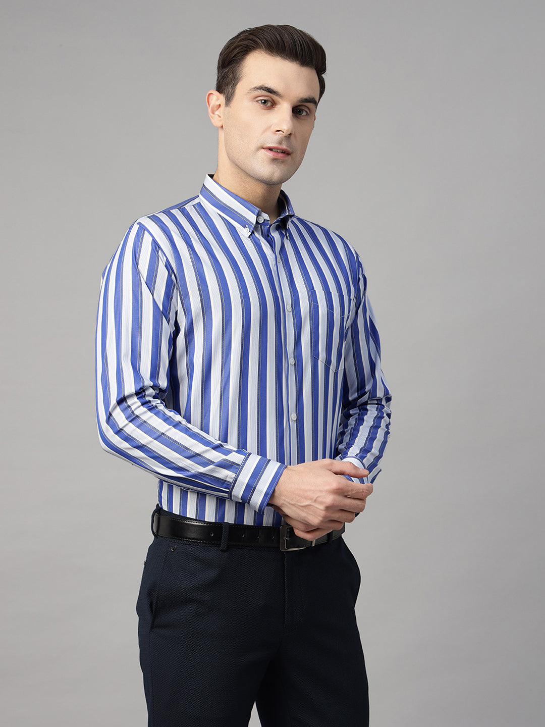 Hancock Men Blue & White Striped Pure Cotton Slim Fit Formal Shirt