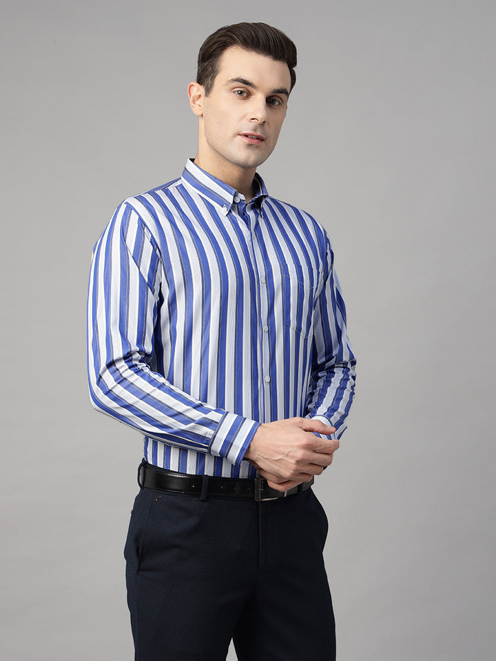 Hancock Men Blue & White Striped Pure Cotton Slim Fit Formal Shirt