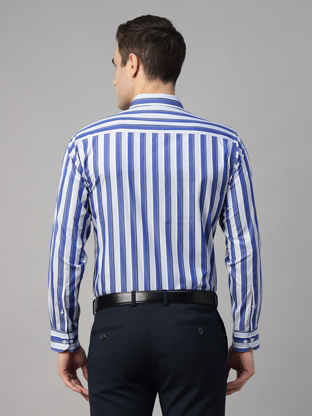 Hancock Men Blue & White Striped Pure Cotton Slim Fit Formal Shirt