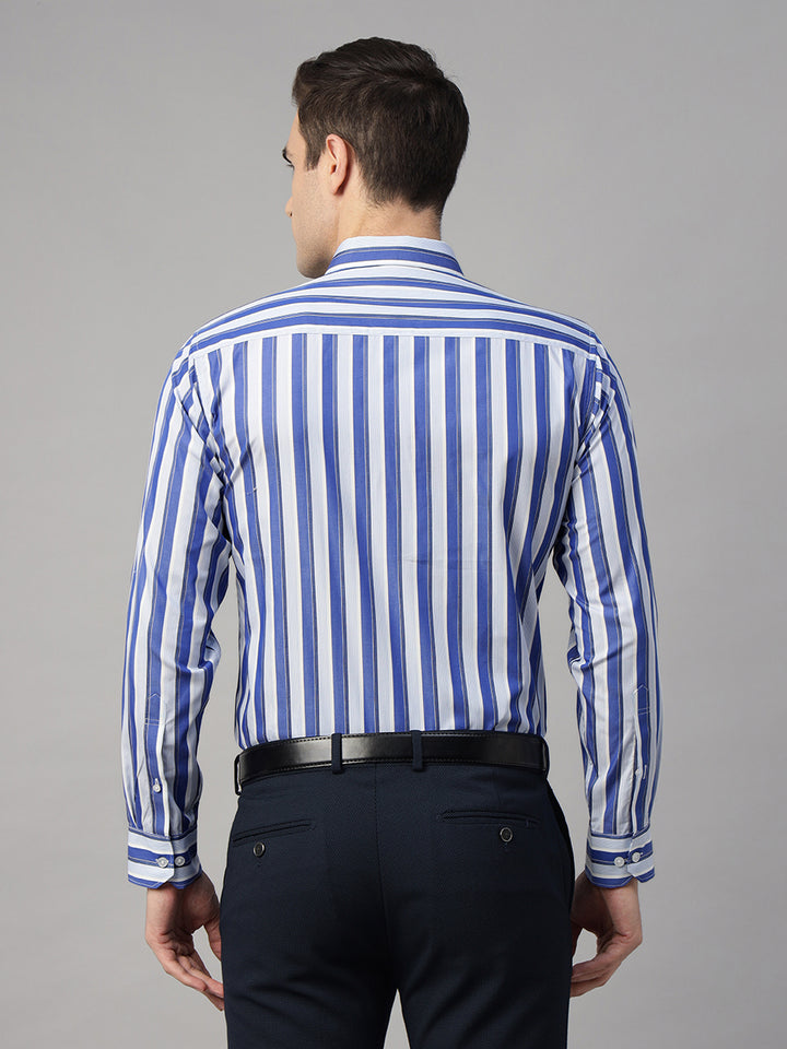 Hancock Men Blue & White Striped Pure Cotton Slim Fit Formal Shirt