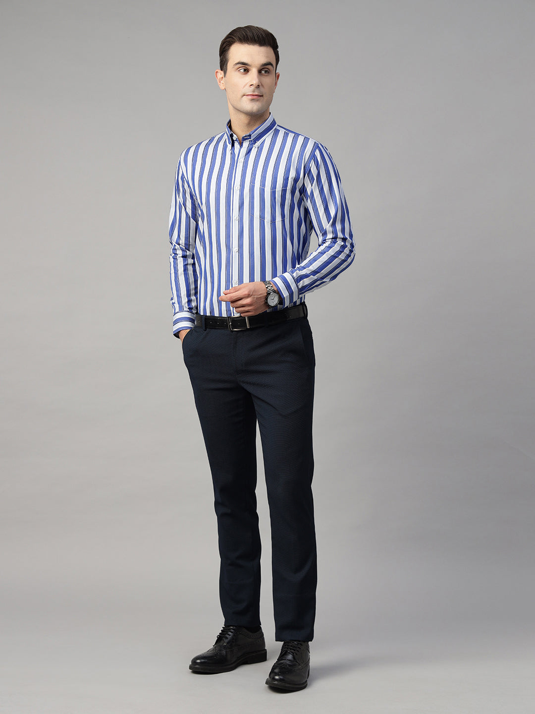 Hancock Men Blue & White Striped Pure Cotton Slim Fit Formal Shirt