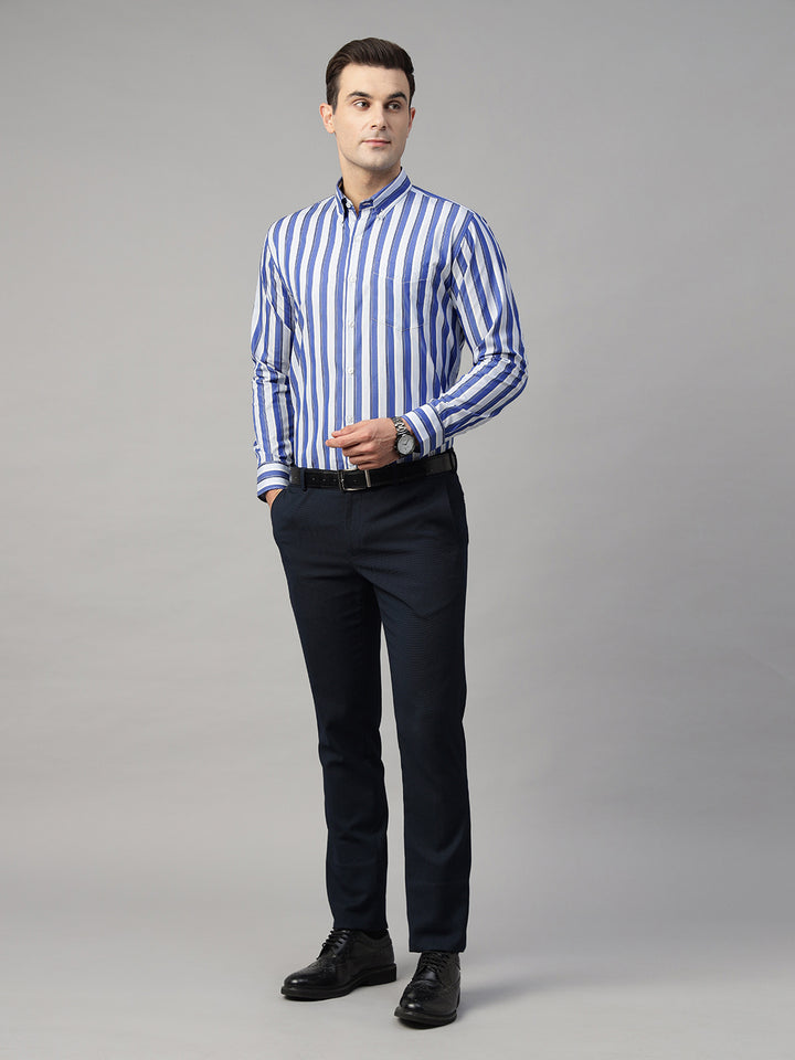 Hancock Men Blue & White Striped Pure Cotton Slim Fit Formal Shirt