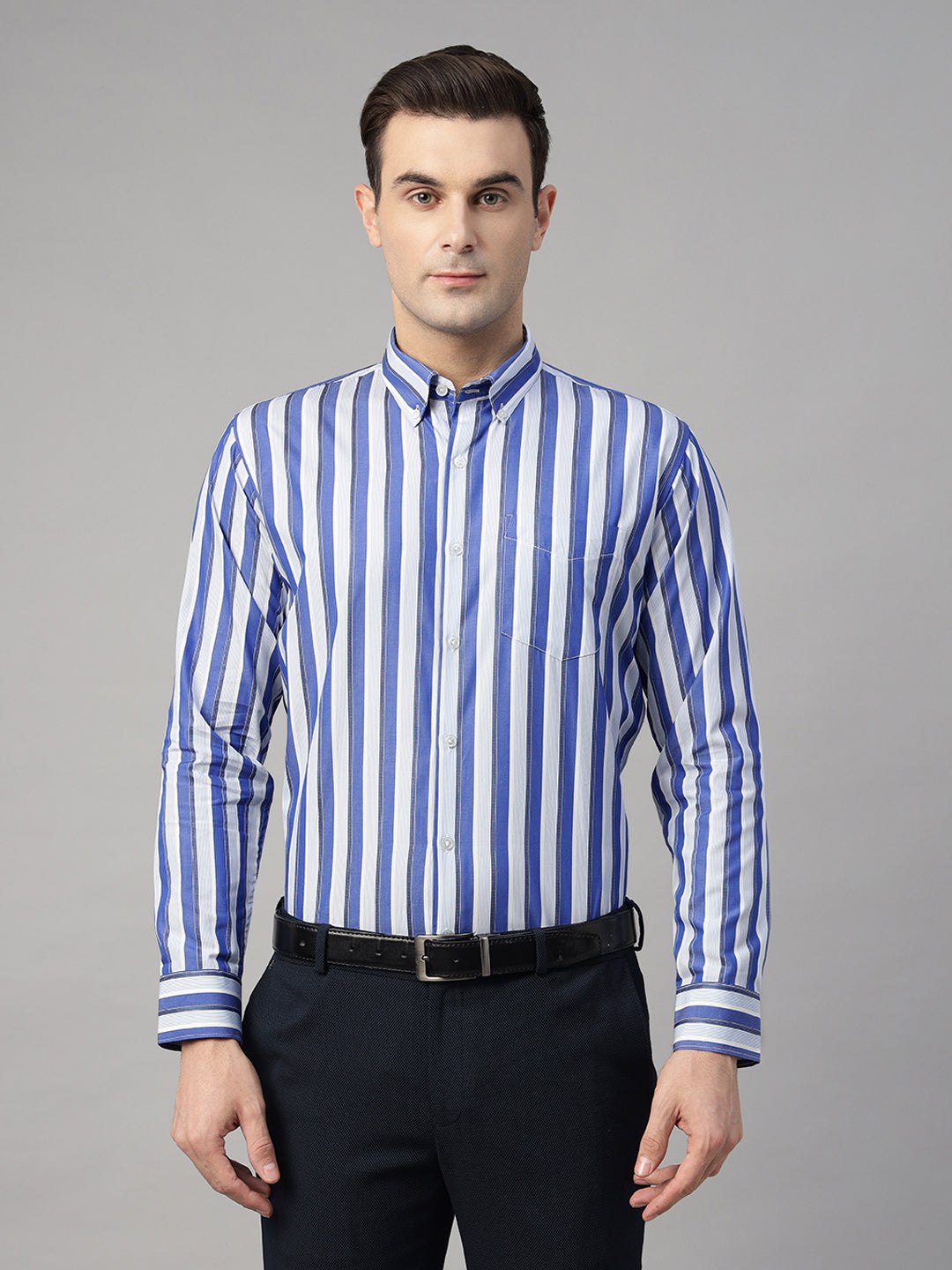 Hancock Men Blue & White Striped Pure Cotton Slim Fit Formal Shirt