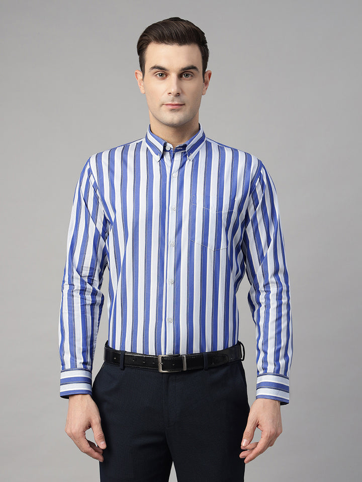 Hancock Men Blue & White Striped Pure Cotton Slim Fit Formal Shirt