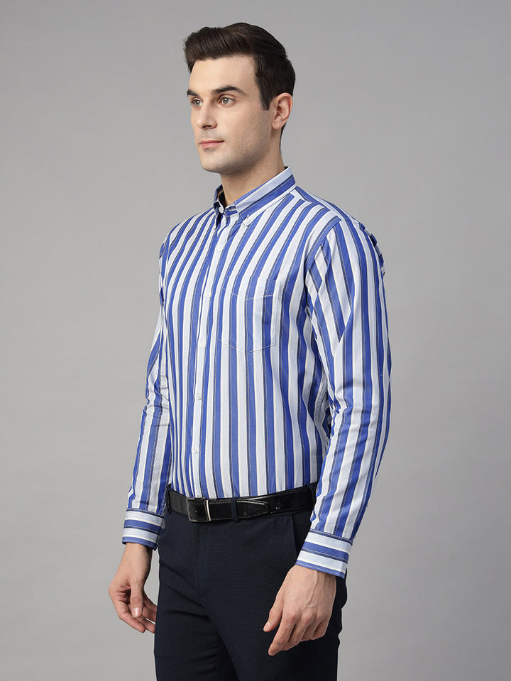 Hancock Men Blue & White Striped Pure Cotton Slim Fit Formal Shirt