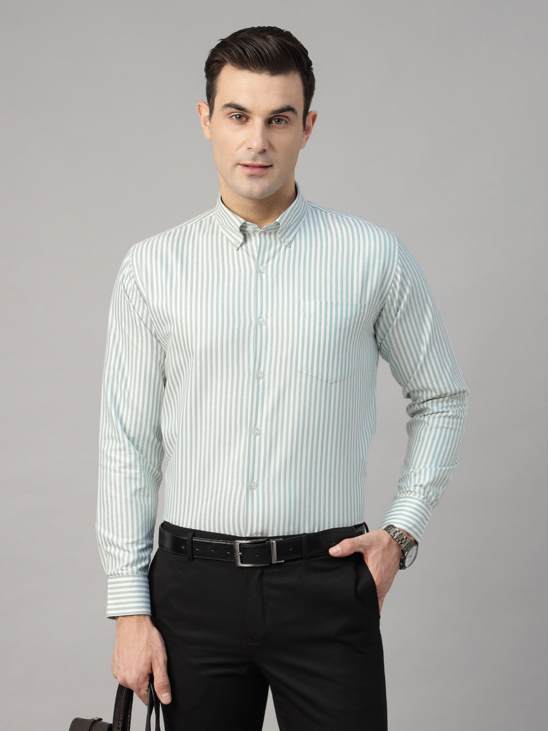 Men White & Green Striped Pure Cotton Slim Fit Formal Shirt