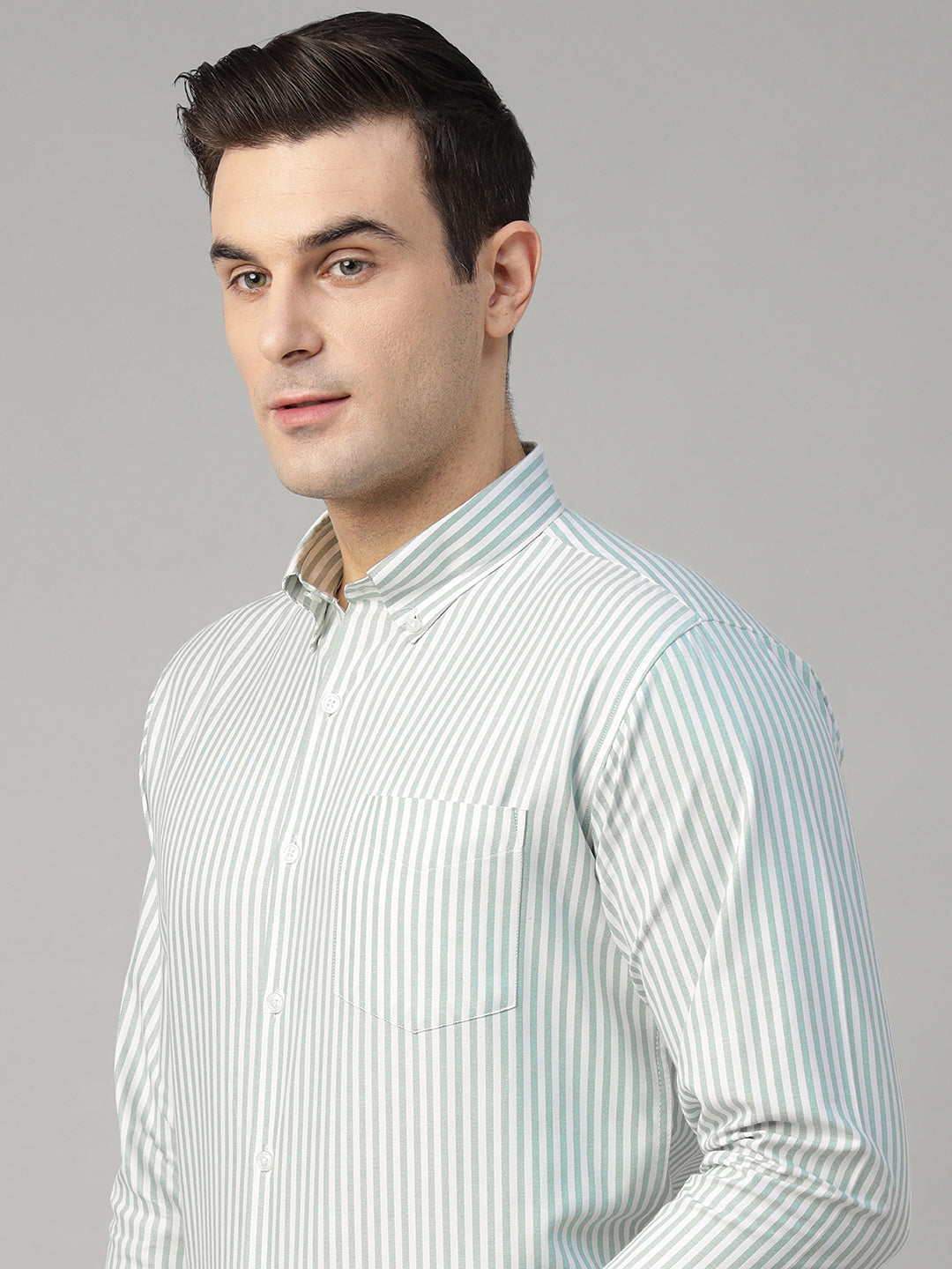 Men White & Green Striped Pure Cotton Slim Fit Formal Shirt