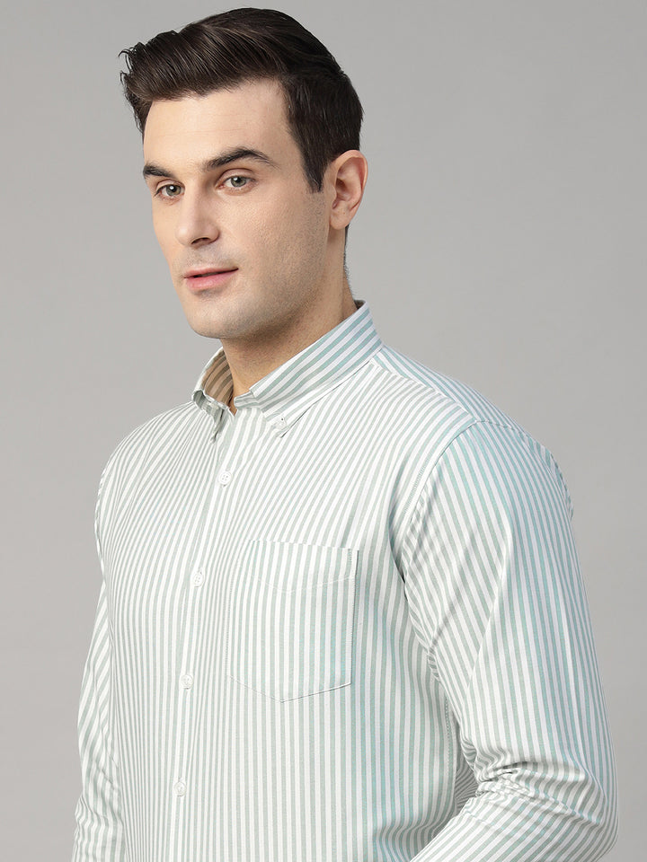 Men White & Green Striped Pure Cotton Slim Fit Formal Shirt