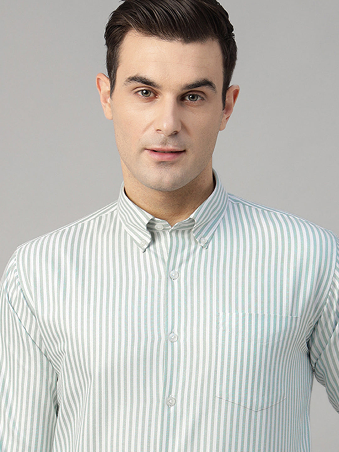 Men White & Green Striped Pure Cotton Slim Fit Formal Shirt