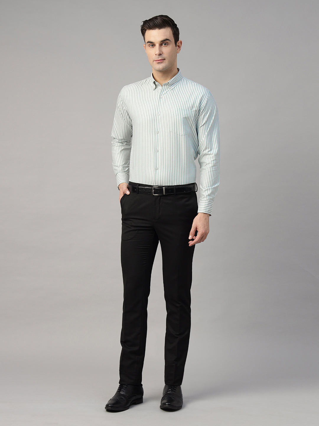 Men White & Green Striped Pure Cotton Slim Fit Formal Shirt