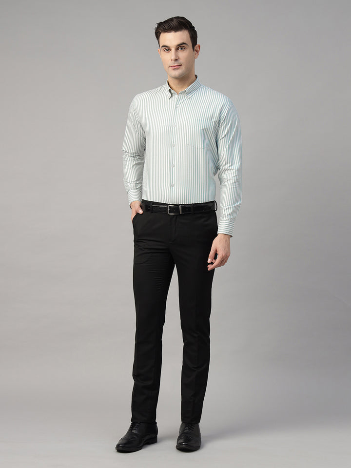 Men White & Green Striped Pure Cotton Slim Fit Formal Shirt