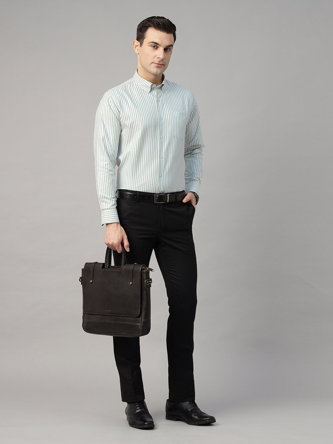 Men White & Green Striped Pure Cotton Slim Fit Formal Shirt