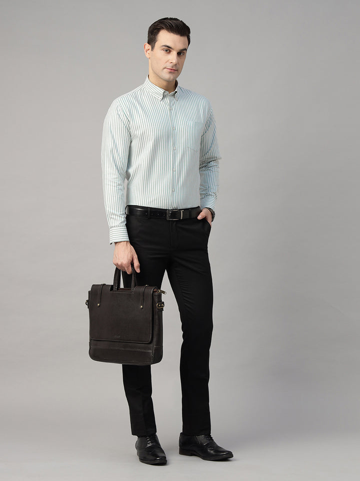 Men White & Green Striped Pure Cotton Slim Fit Formal Shirt
