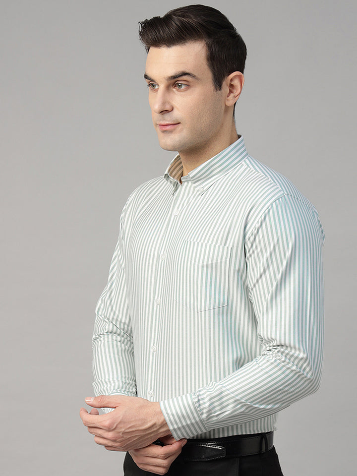 Men White & Green Striped Pure Cotton Slim Fit Formal Shirt