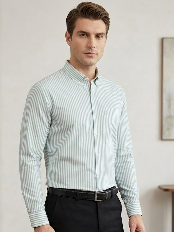 Men White & Green Striped Pure Cotton Slim Fit Formal Shirt