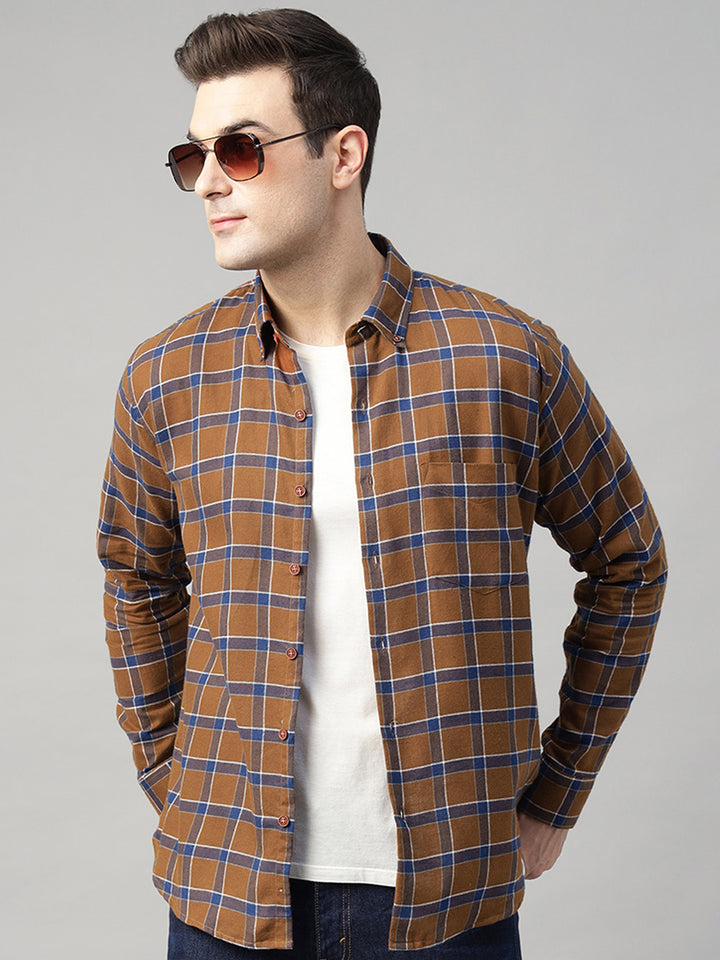 Hancock Men Brown & Blue Checked Pure Cotton Slim Fit Casual Shirt