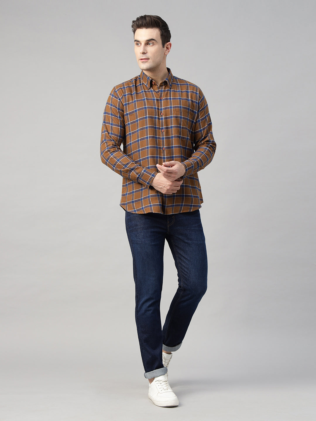 Hancock Men Brown & Blue Checked Pure Cotton Slim Fit Casual Shirt
