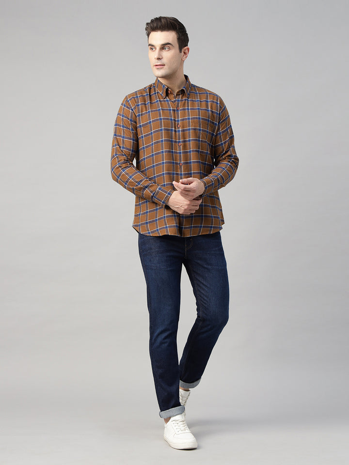 Hancock Men Brown & Blue Checked Pure Cotton Slim Fit Casual Shirt