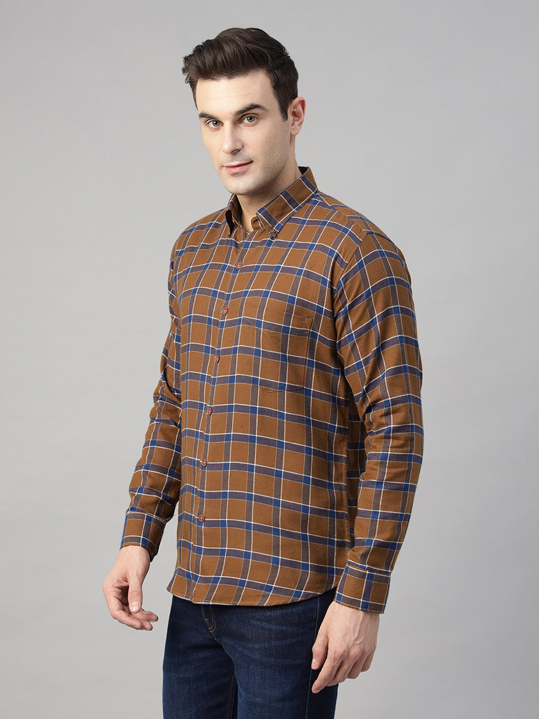 Hancock Men Brown & Blue Checked Pure Cotton Slim Fit Casual Shirt