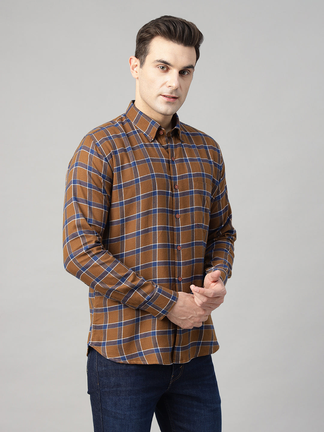 Hancock Men Brown & Blue Checked Pure Cotton Slim Fit Casual Shirt