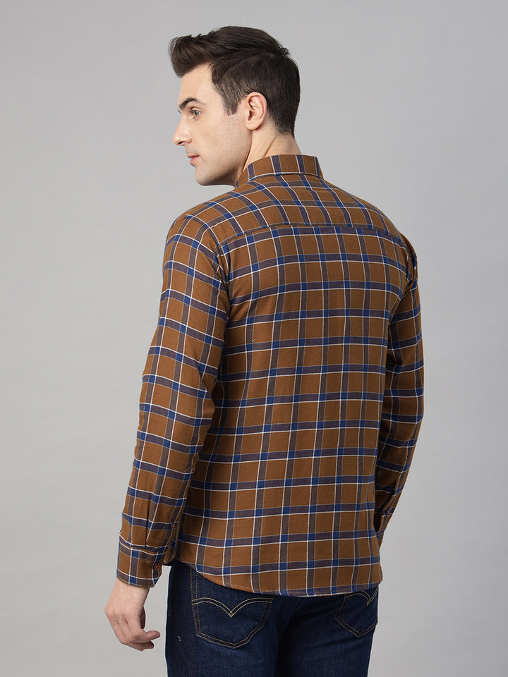 Hancock Men Brown & Blue Checked Pure Cotton Slim Fit Casual Shirt