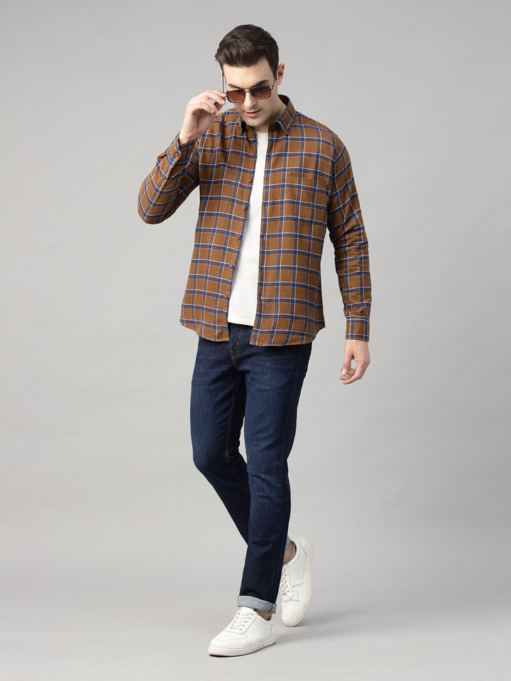 Hancock Men Brown & Blue Checked Pure Cotton Slim Fit Casual Shirt