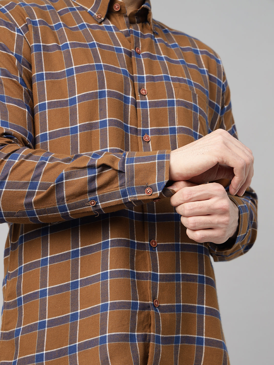 Hancock Men Brown & Blue Checked Pure Cotton Slim Fit Casual Shirt