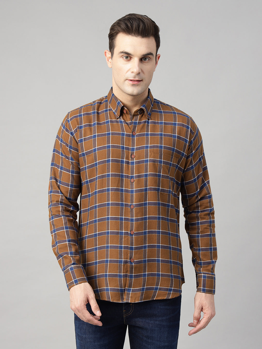 Hancock Men Brown & Blue Checked Pure Cotton Slim Fit Casual Shirt