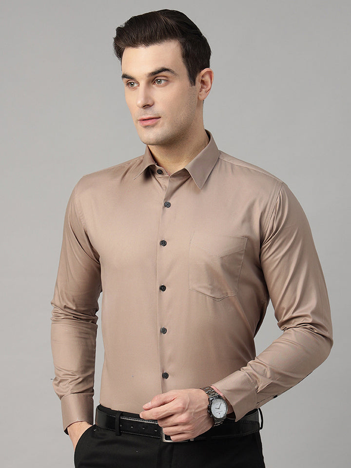 Men Camel Brown Solid Pure Cotton Slim Fit Formal Shirt