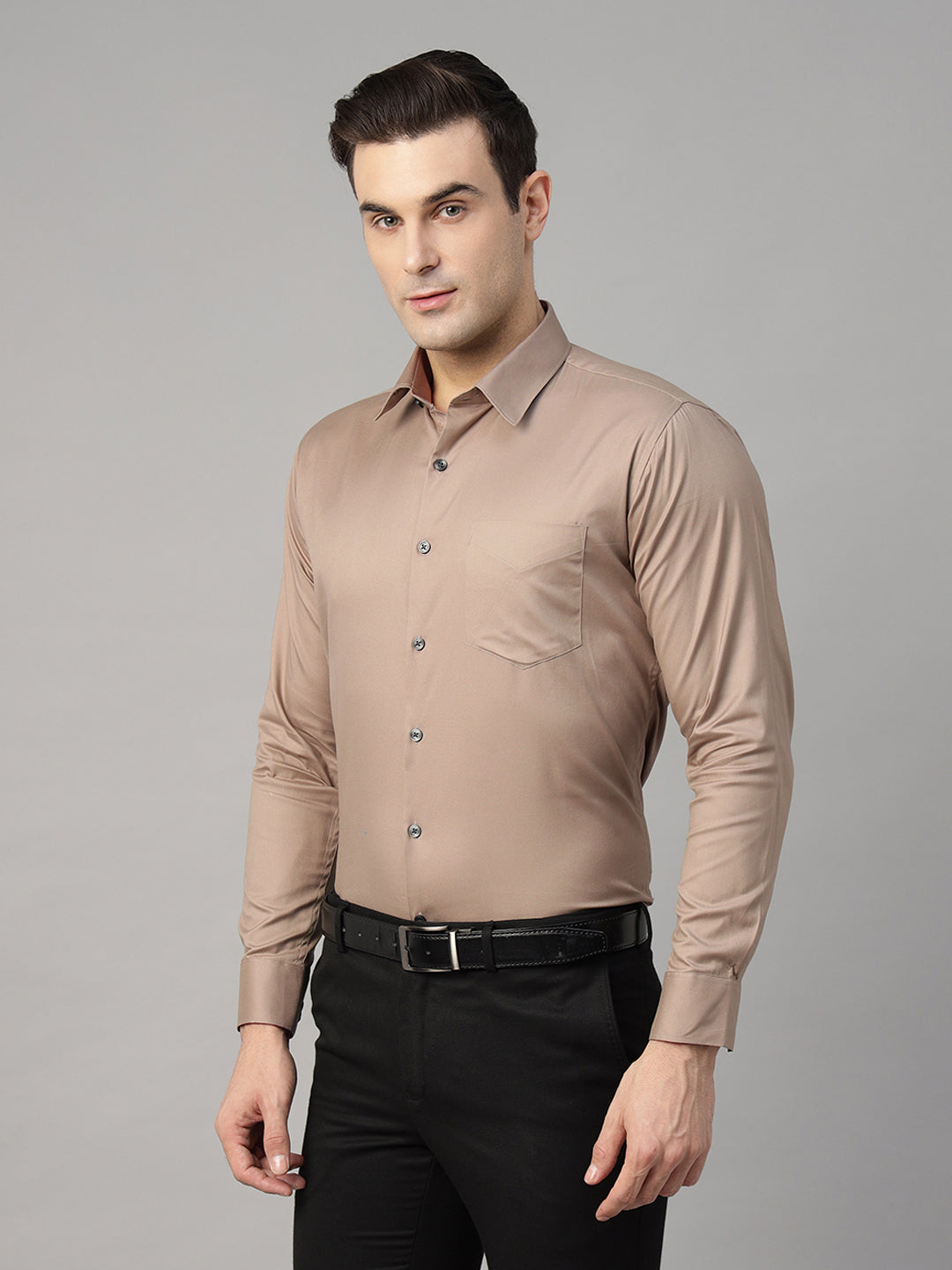Men Camel Brown Solid Pure Cotton Slim Fit Formal Shirt