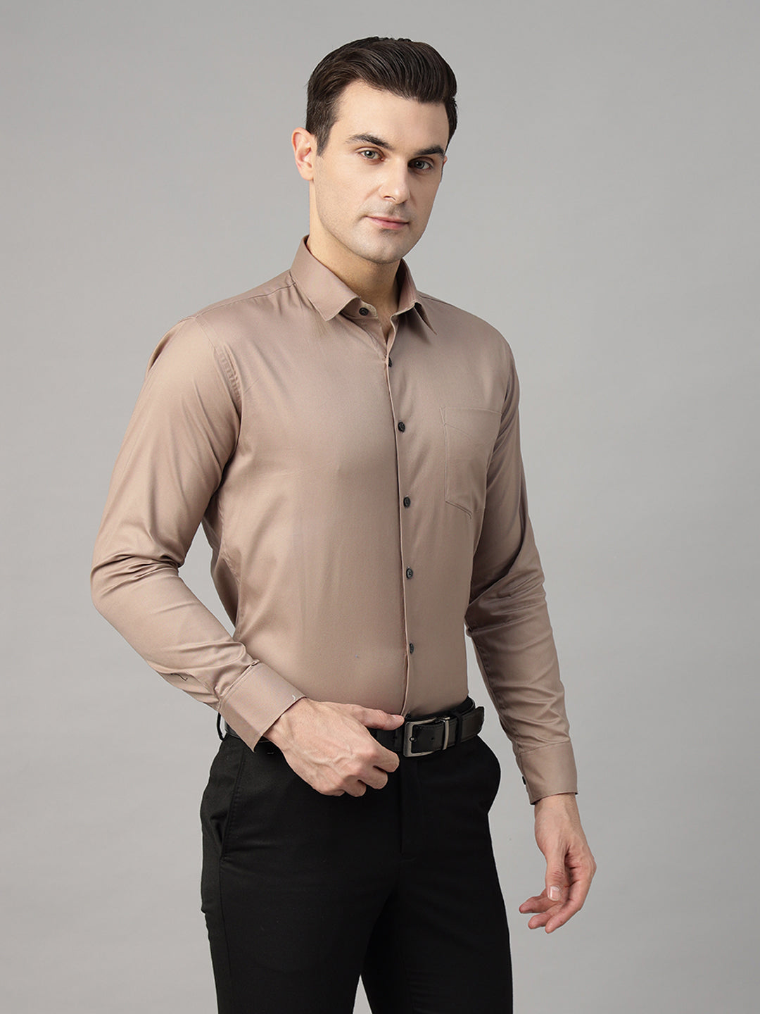 Men Camel Brown Solid Pure Cotton Slim Fit Formal Shirt
