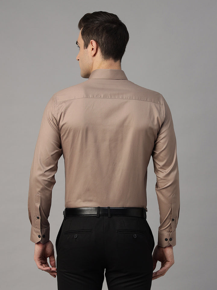 Men Camel Brown Solid Pure Cotton Slim Fit Formal Shirt