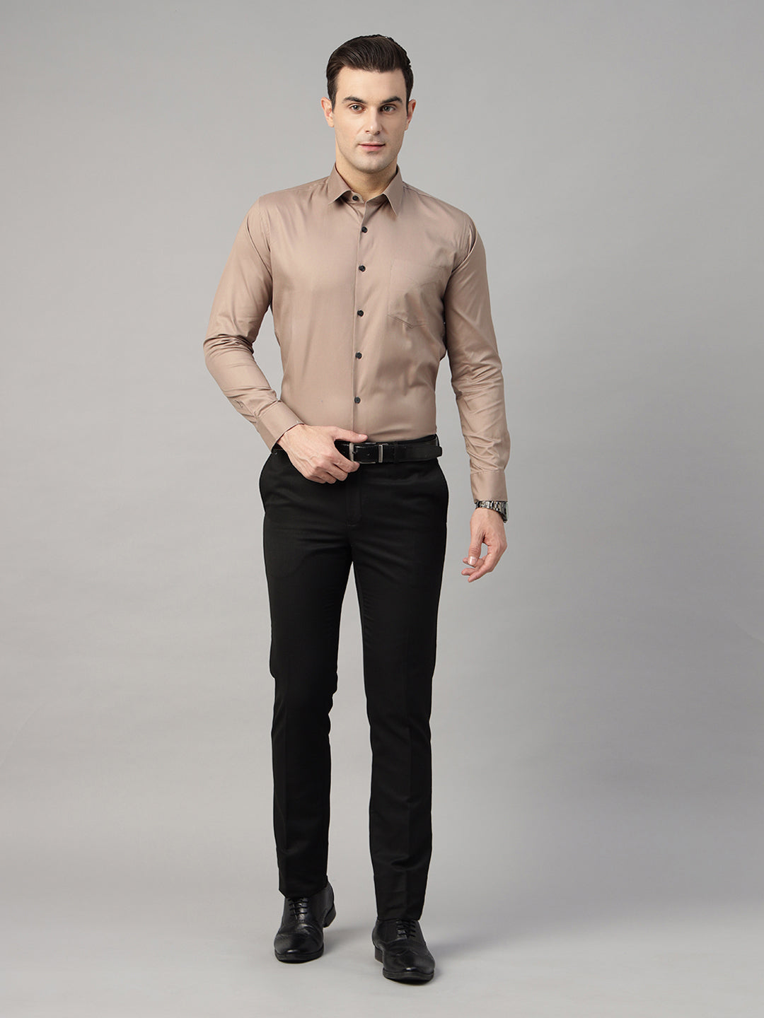 Men Camel Brown Solid Pure Cotton Slim Fit Formal Shirt