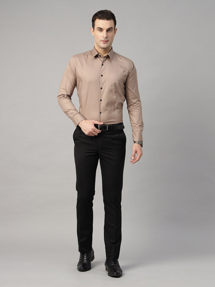 Men Camel Brown Solid Pure Cotton Slim Fit Formal Shirt