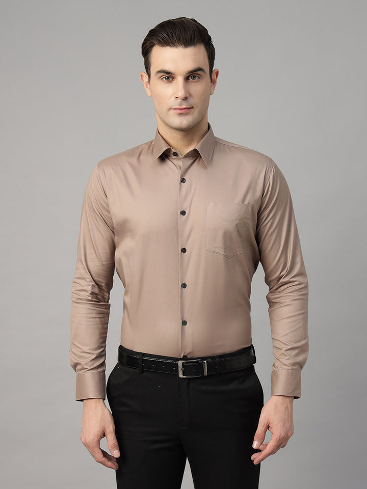 Men Camel Brown Solid Pure Cotton Slim Fit Formal Shirt