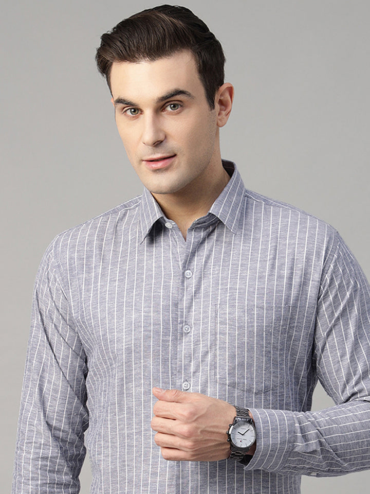 Men Blue Striped Linen Blend Slim Fit Formal Shirt