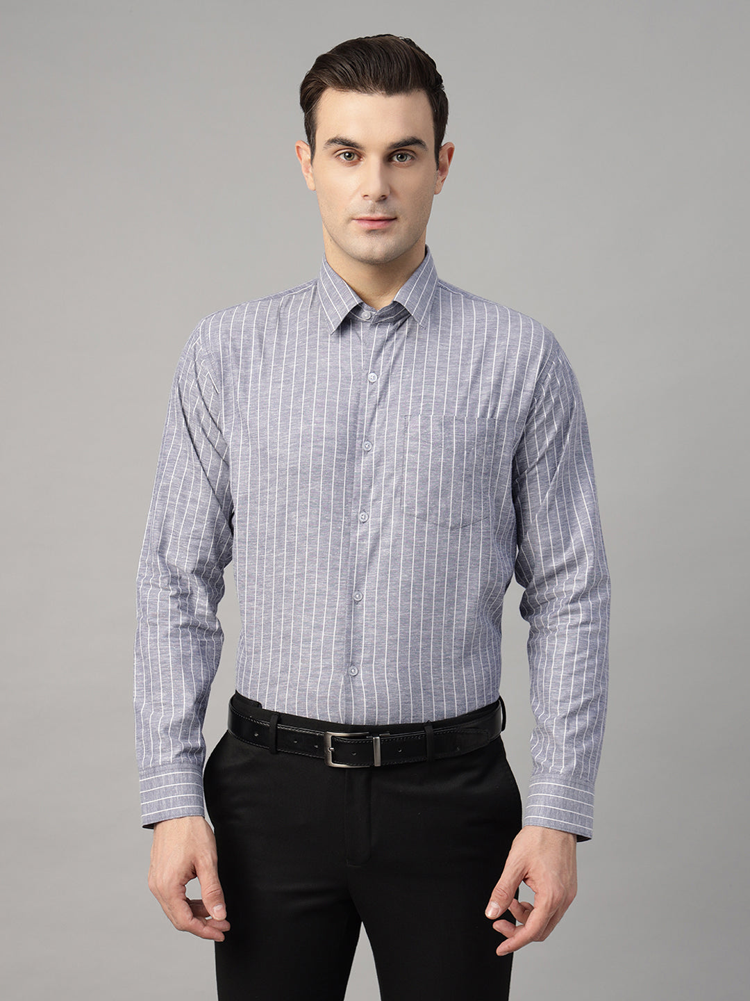 Men Blue Striped Linen Blend Slim Fit Formal Shirt