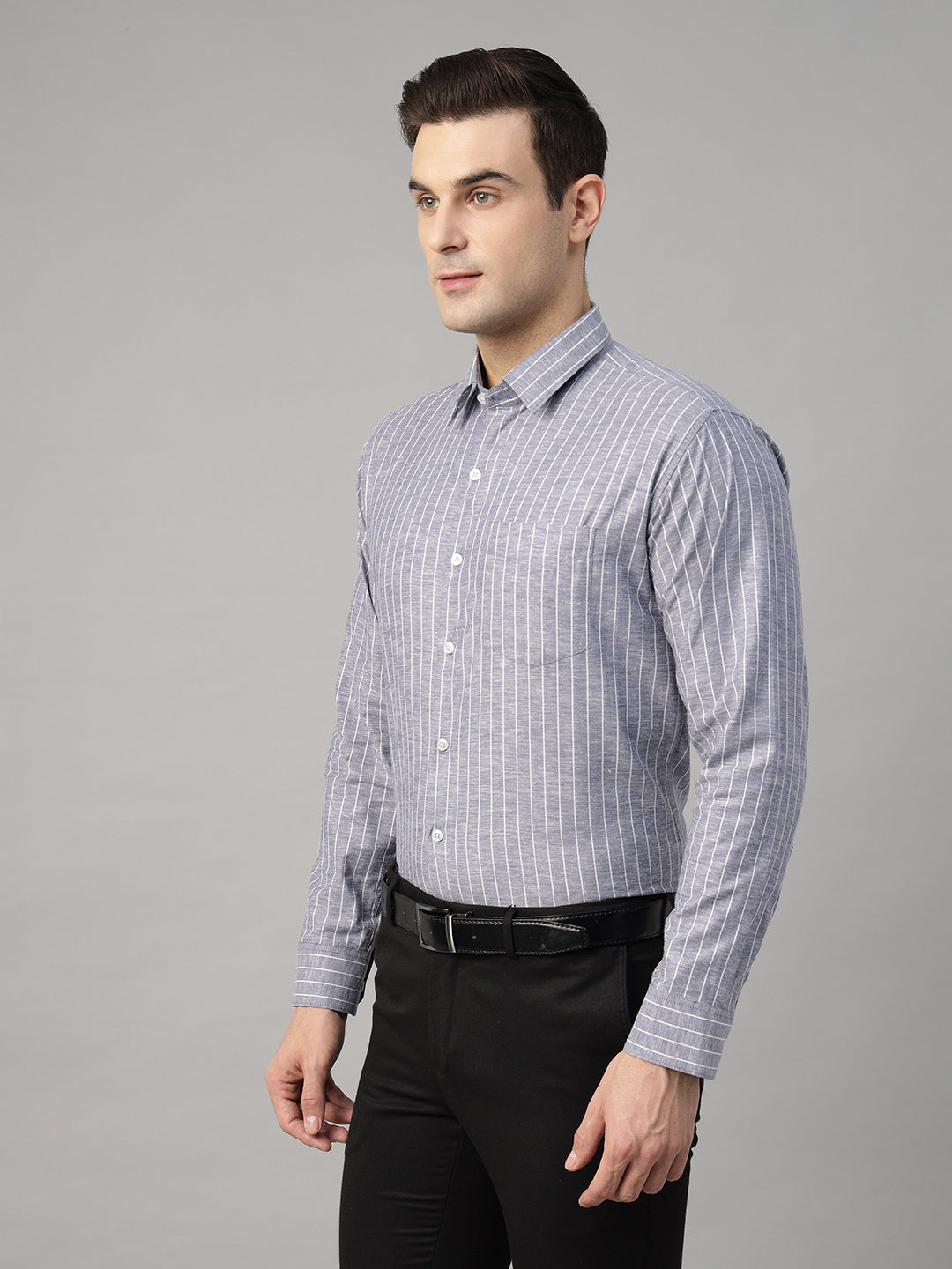 Men Blue Striped Linen Blend Slim Fit Formal Shirt