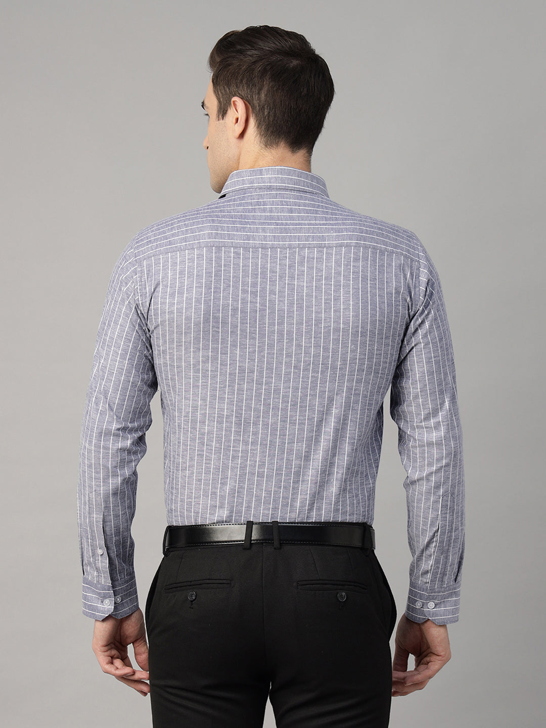 Men Blue Striped Linen Blend Slim Fit Formal Shirt