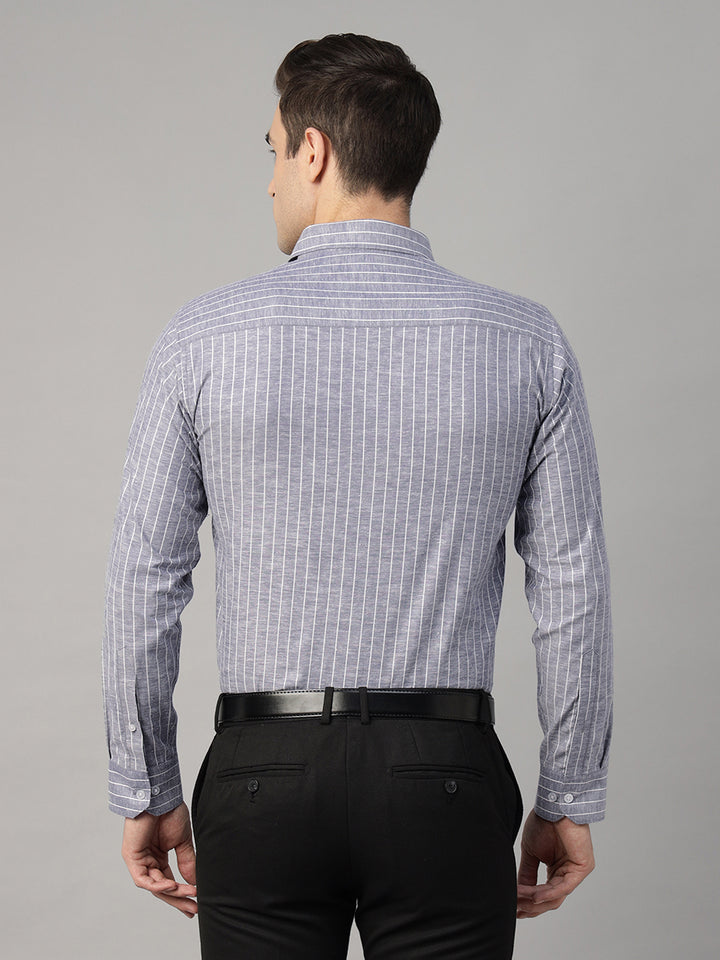 Men Blue Striped Linen Blend Slim Fit Formal Shirt