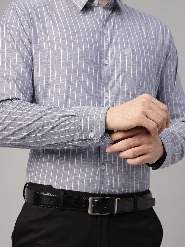 Men Blue Striped Linen Blend Slim Fit Formal Shirt
