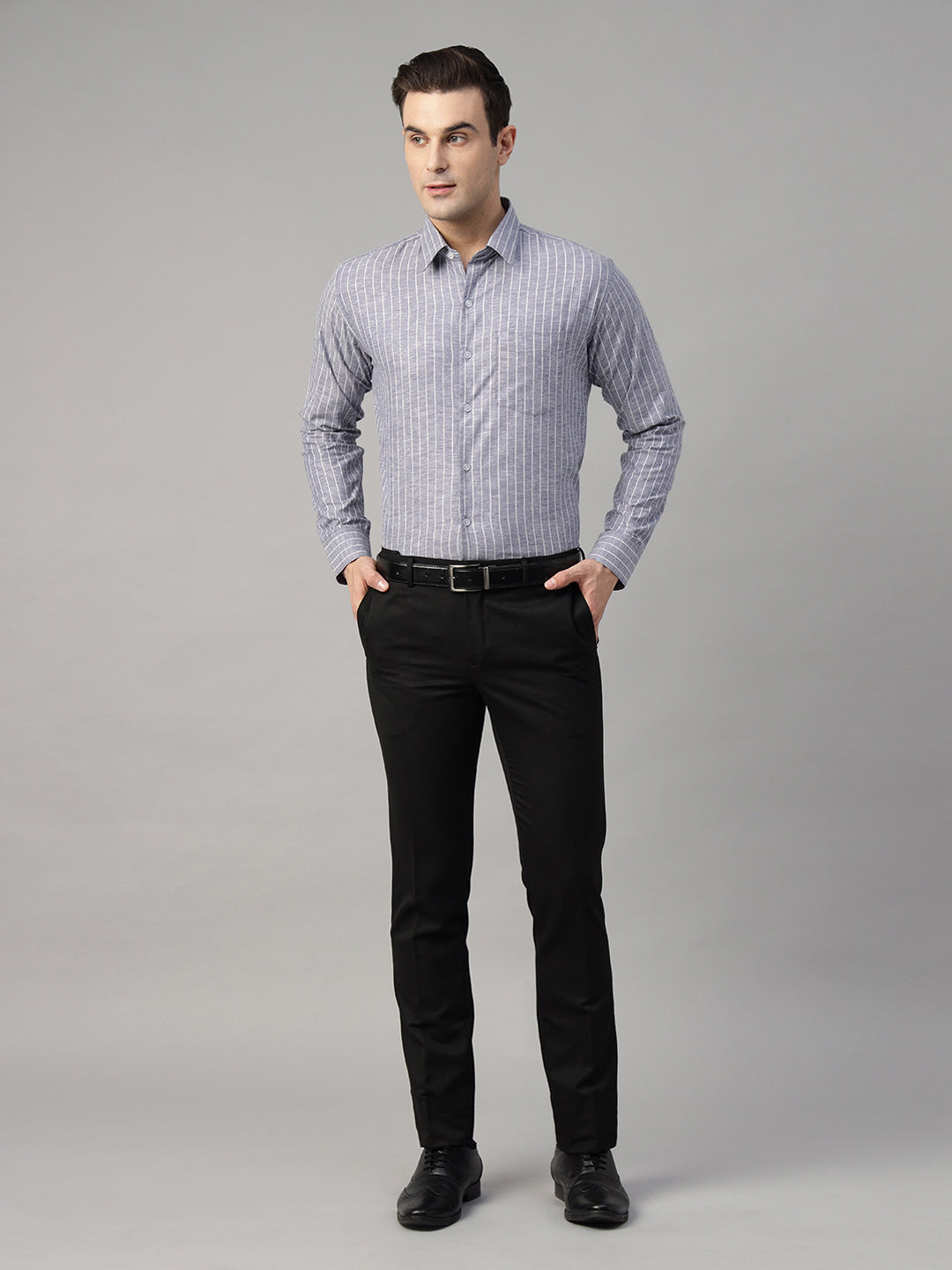 Men Blue Striped Linen Blend Slim Fit Formal Shirt