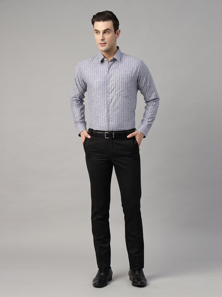 Men Blue Striped Linen Blend Slim Fit Formal Shirt