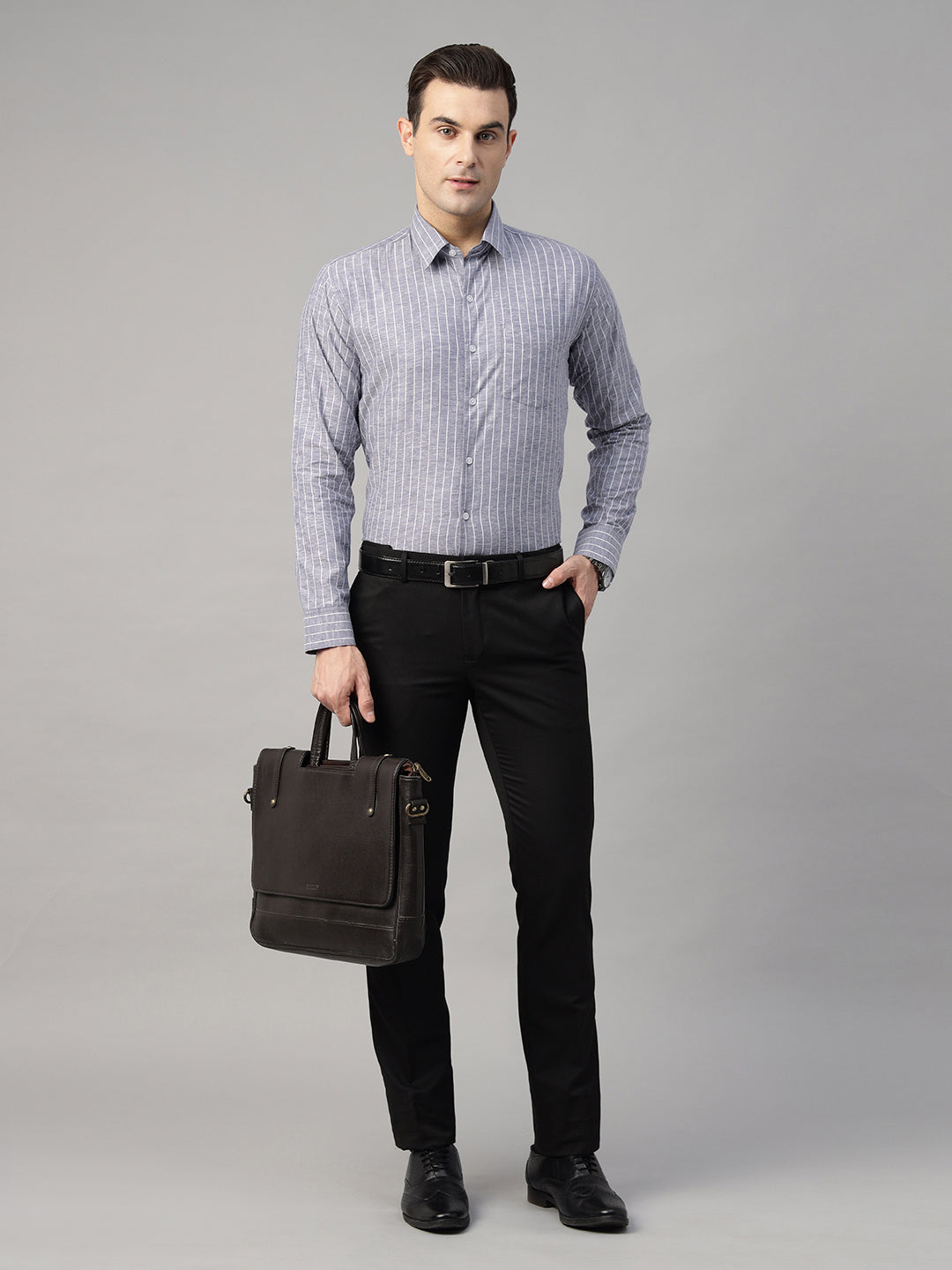 Men Blue Striped Linen Blend Slim Fit Formal Shirt
