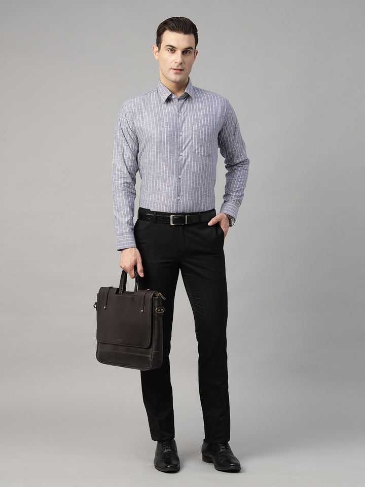 Men Blue Striped Linen Blend Slim Fit Formal Shirt